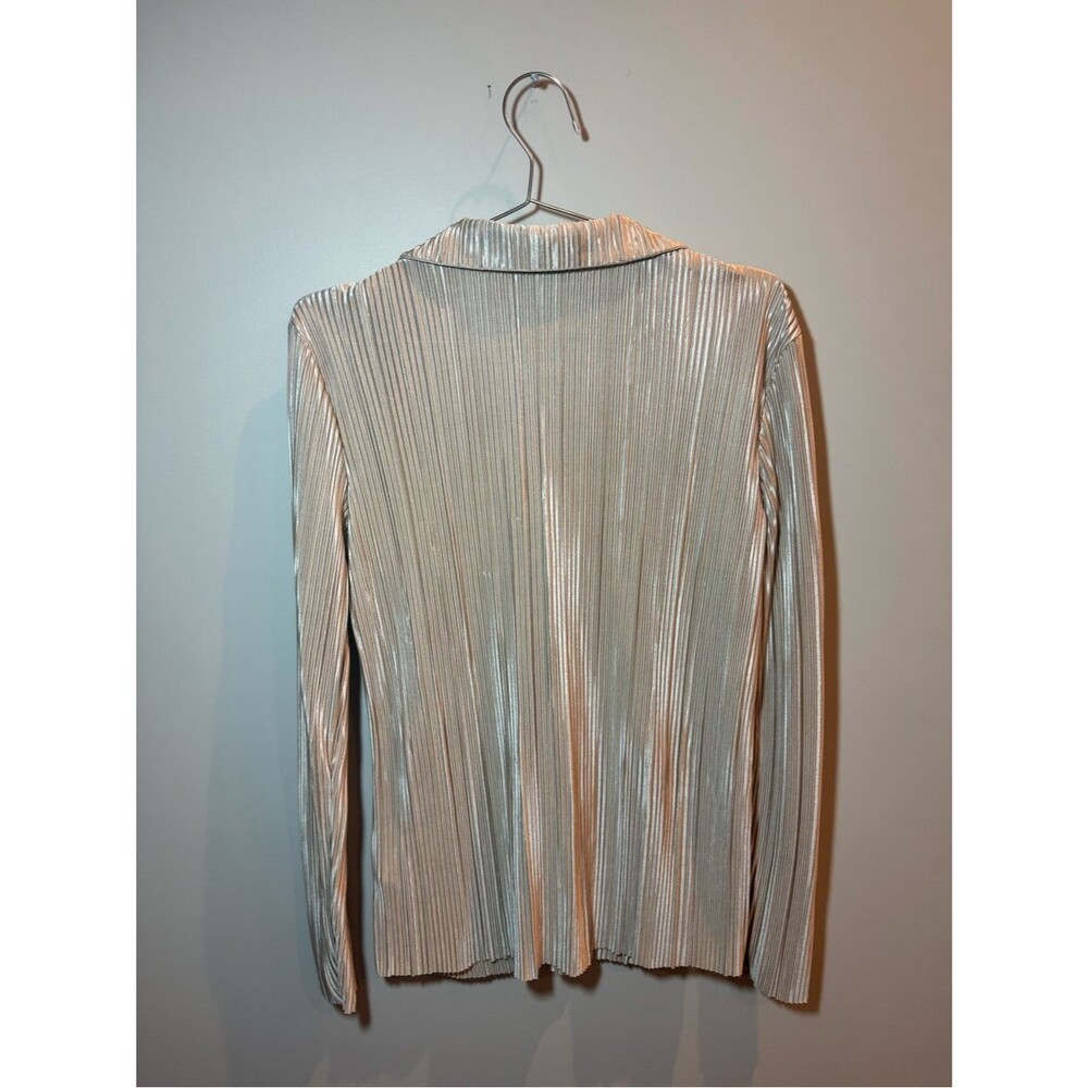 Rachel Zoe Metallic Pleated Button-Front Shirt in Champagne Size L Glam Party - Picture 3 of 5